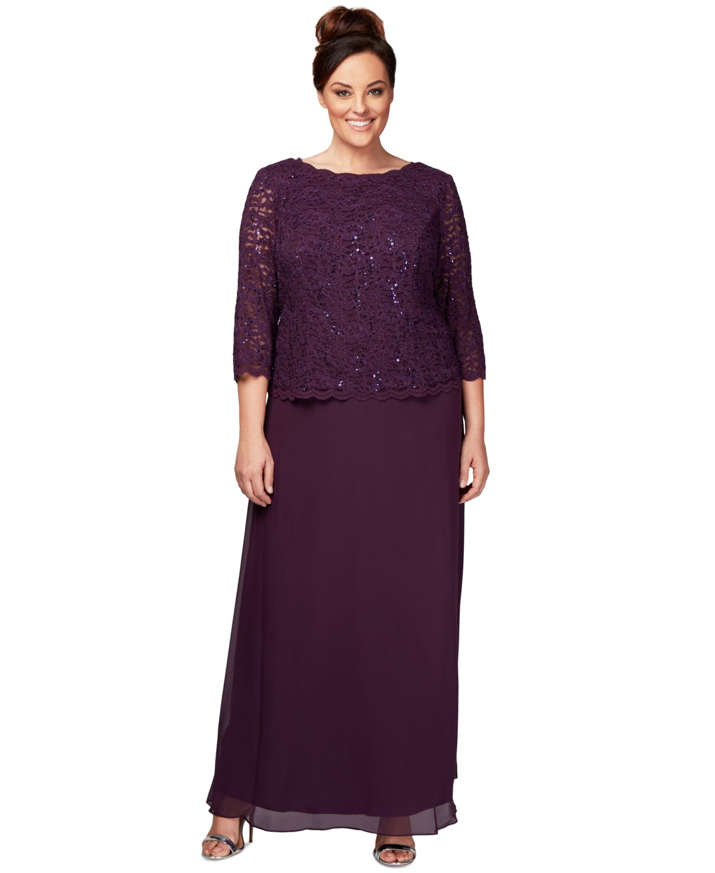 Женские платья Alex Evenings Plus Sequined Scalloped Edge Lace Top Gown, цвет: Глубокий сливовый — фото 1