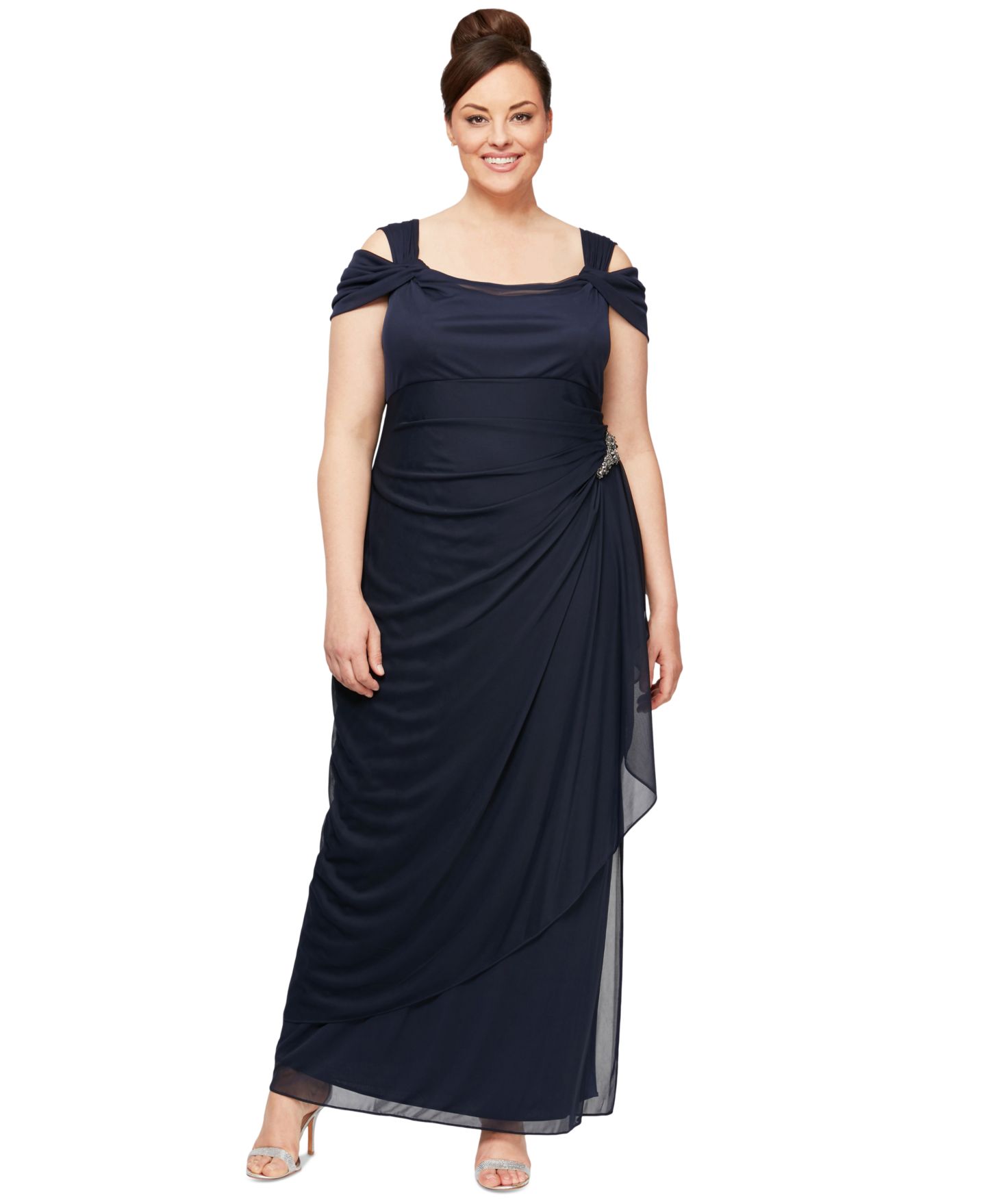 Женское платье Alex Evenings Plus Size Draped Cold-Shoulder, цвет: Тёмный тёмно-синий — фото 1