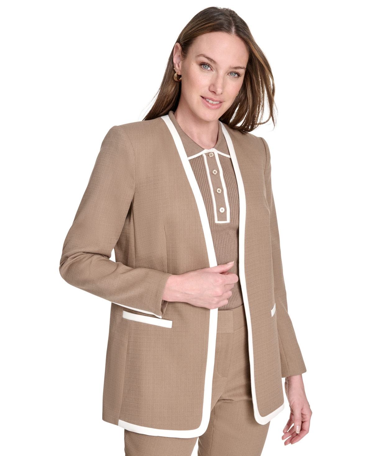 Women's Framed Collarless Open-Front Blazer - Caribou/ Ivory