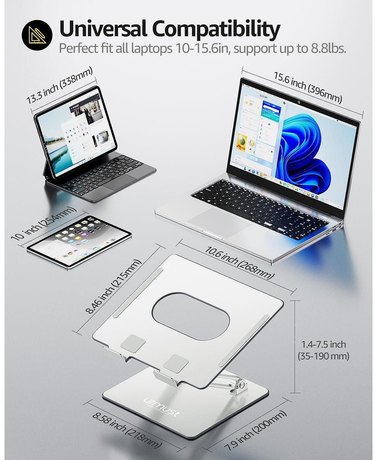 Ergonomic Laptop Stand & Adjustable Aluminum Riser | Desk Computer Holder for 10-16" Laptops (MacBook Pro/Air/Dell/HP) | Portable Foldable Design