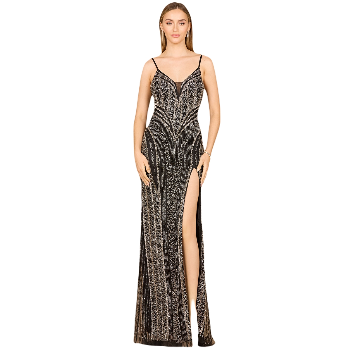 Women's Spaghetti Strap Beaded Gown with Slit - Black
