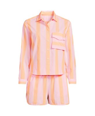 Women's Cotton Poplin 2 Piece Pajama Set - Long Sleeve Top and Shorts with Piping