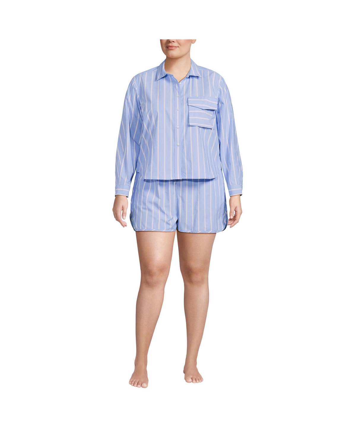 Plus Size Cotton Poplin 2 Piece Pajama Set - Long Sleeve Top and Shorts with Piping - Brisk blue/rose pink stripe