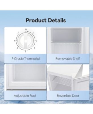 1.1 Cu. Ft. Small Upright Freezer – This compact mini freezer features removable shelves, an adjustable thermostat, and a reversible door hinge. It operates quietly, making it perfect for homes, offices, kitchens, or dorms
