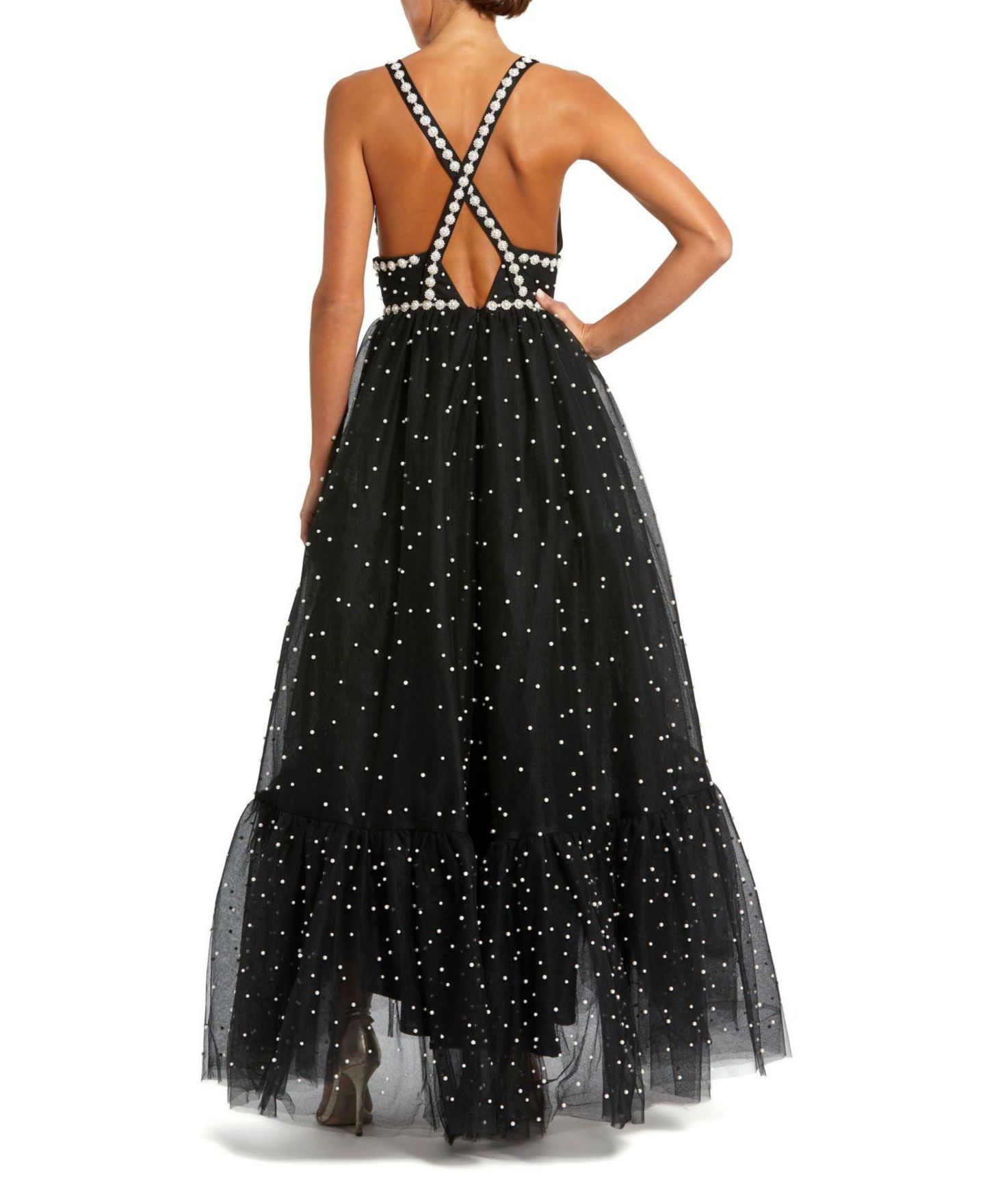 Женское платье Mac Duggal Pearl Beaded High Low Gown, цвет: Чёрная слоновая кость — фото 5