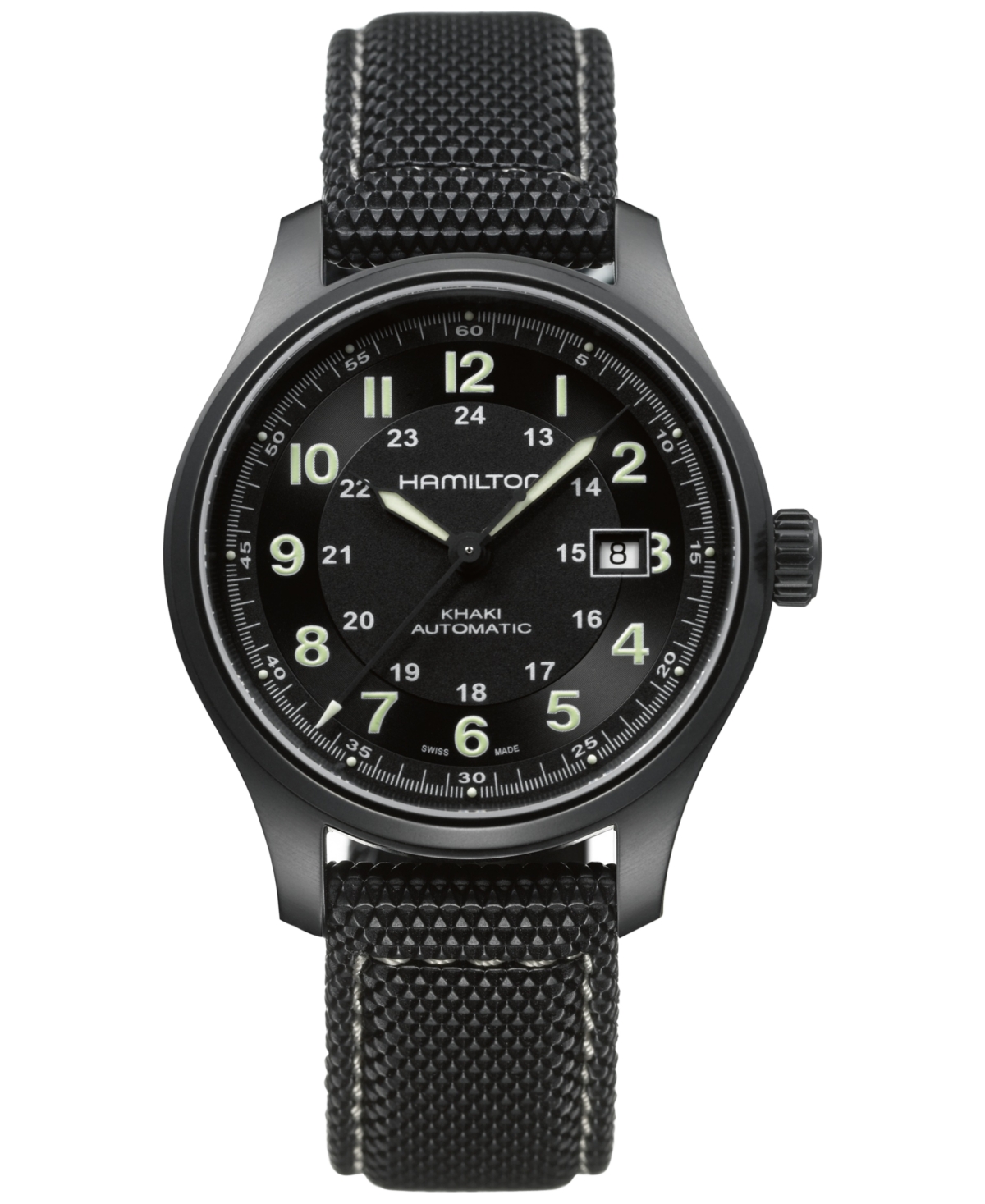 Men's Swiss Automatic Khaki Field Black Canvas Strap Watch 42mm H70575733 - Black