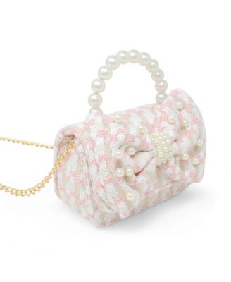 Girls Tweed Jumbo Pearl Bow Handbag, Pink