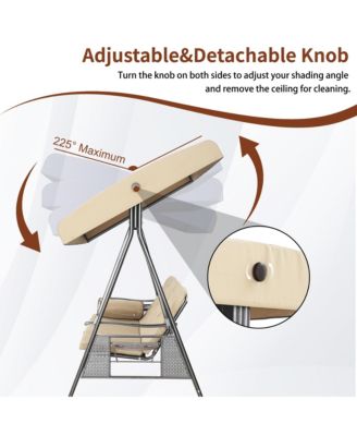 Steel 3 Person Patio Swing Chair Swinging Outdoor Chair with Removable Mat, Cushion and Convertible Canopy, Navy Blue