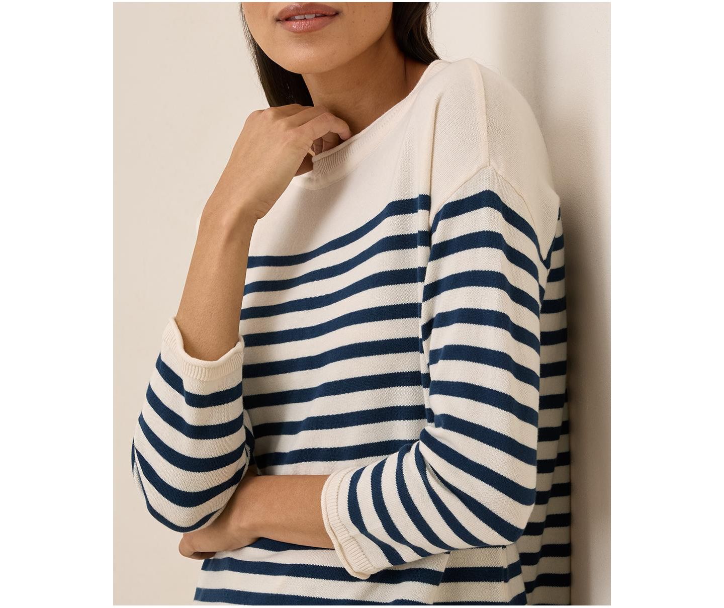 Женский свитер Pact Organic Cotton Classic Fine Knit Wide Neck, цвет: Тёмно-синий полосатый — фото 3