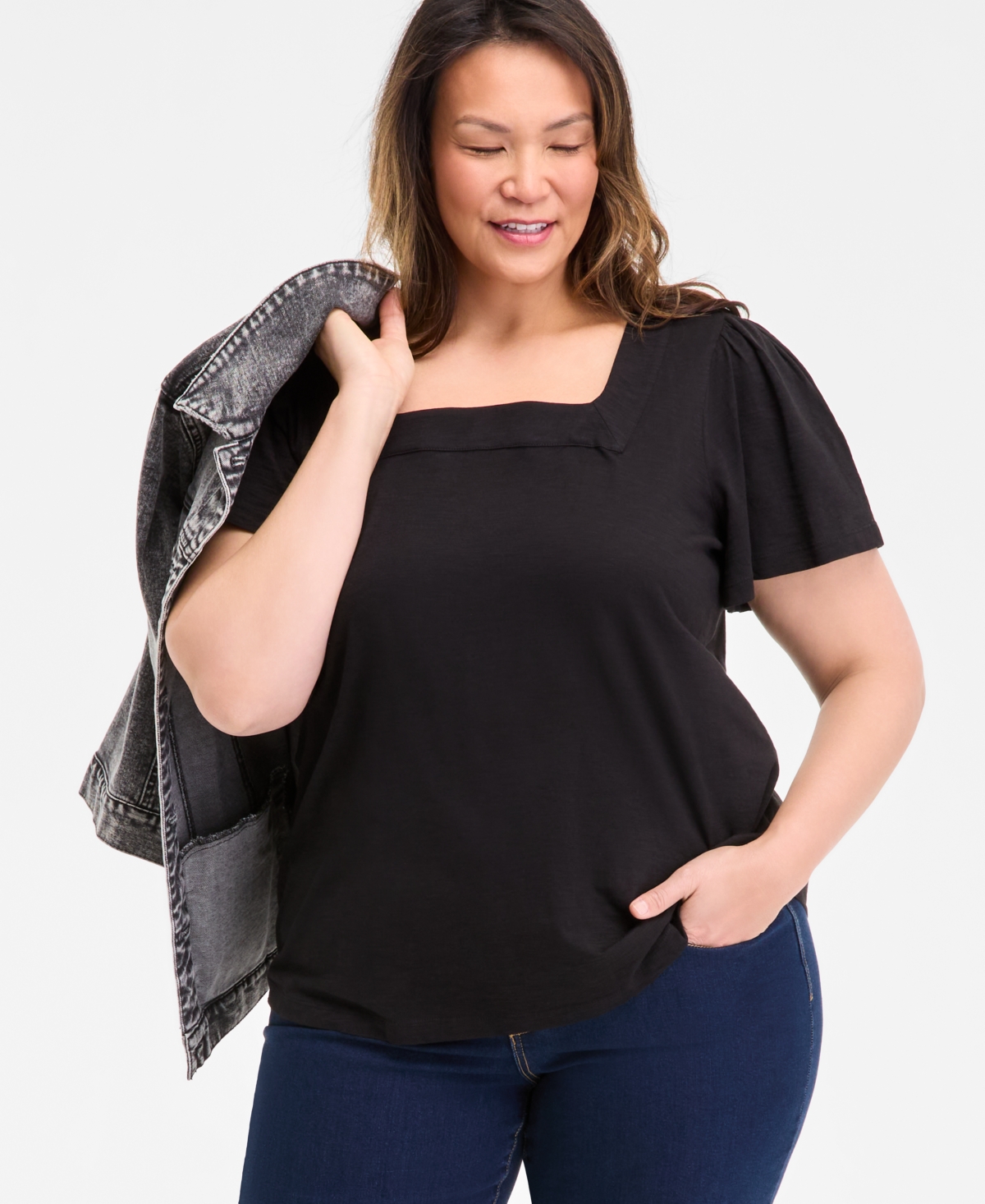 Style & Co Plus Size Square-neck Short-sleeve Top, Exclusively At Macy's