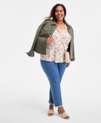 Plus Size Printed Square-Neck Short-Sleeve Top, Exclusively at Macy's 