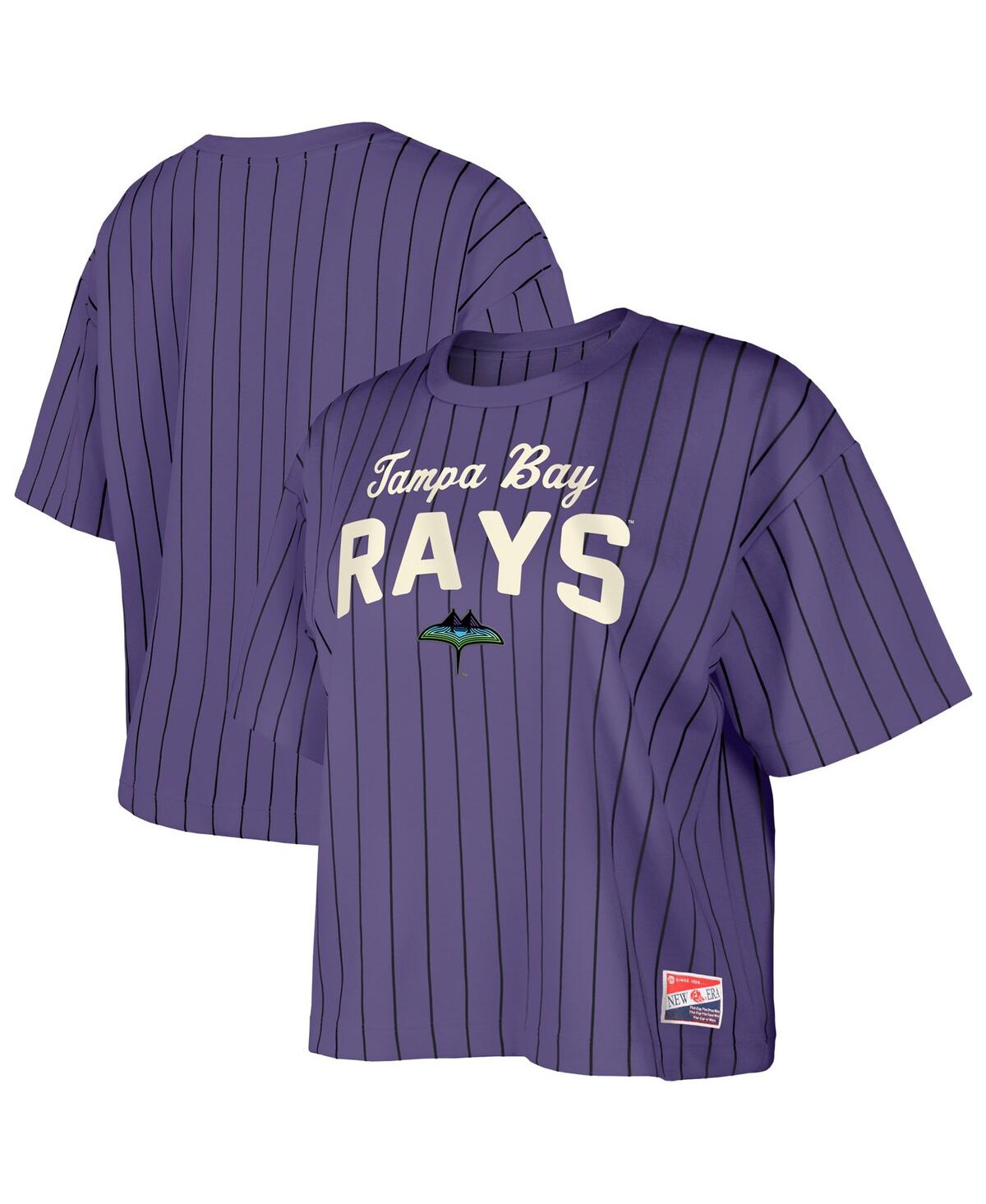 NEW ERA WOMEN'S PURPLE TAMPA BAY RAYS CITY CONNECT MULTIPLIER PINSTRIPE CROPPED T-SHIRT 
