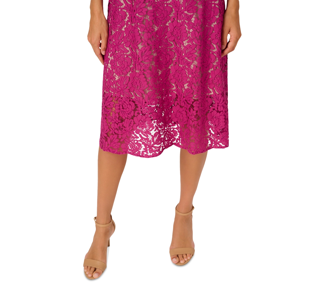 Adrianna Papell Belted Sleeveless Lace Midi Dress In Pink