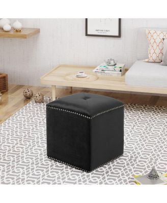 Velvet Upholstered Square Ottoman with Tufted Top and Studded Trim for Living Room or Bedroom Seating-The Pop Home