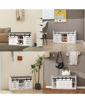 2-Tier Entryway Bench with Sliding Doors and Cushion