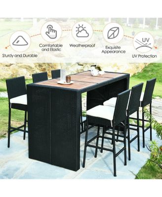 7 PCS Patio Rattan Wicker Bar Dining Furniture Set wood Table Top 6 Stools