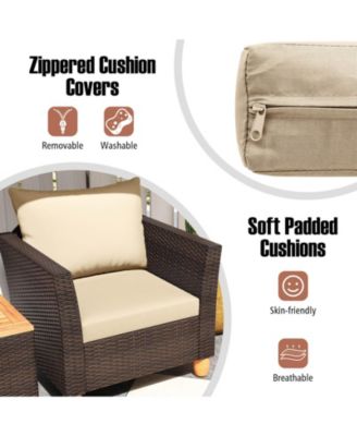 3PCS Patio Rattan Bistro Furniture Set Wood Table Top Cushion Sofa