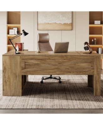 L-Shaped Executive Desk, Large Office Computer Table with File Cabinet, Modern Business Furniture with Storage Shelves for Home Office