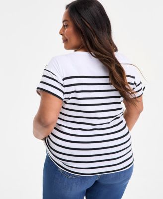 Plus Size Stripe Button-Trim T-Shirt, Exclusively at Macy's 