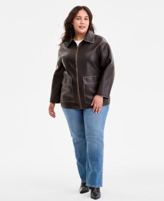 Plus Size Zip-Front Faux-Leather Coat