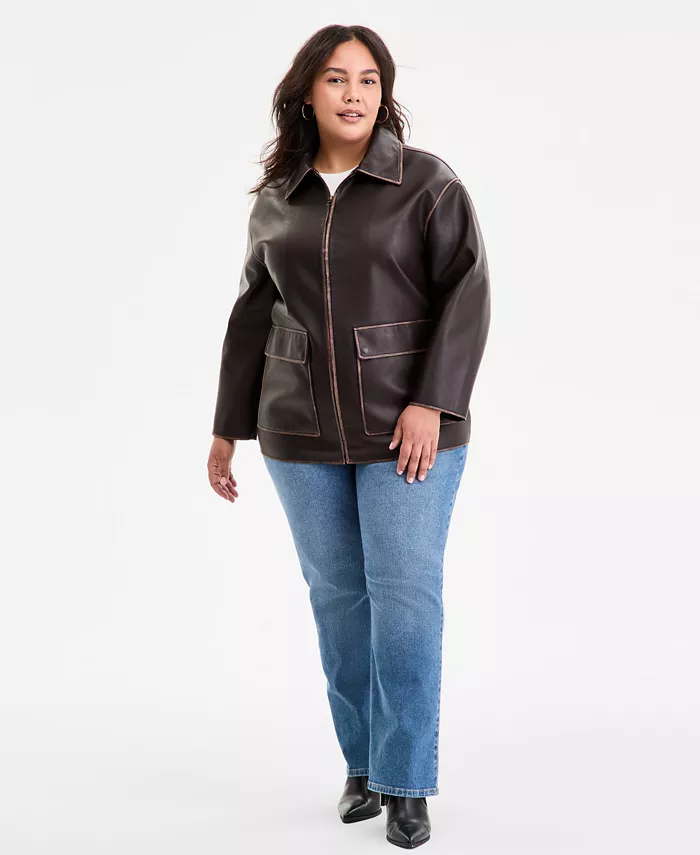 Plus Size Zip-Front Faux-Leather Coat - thumbnail 4