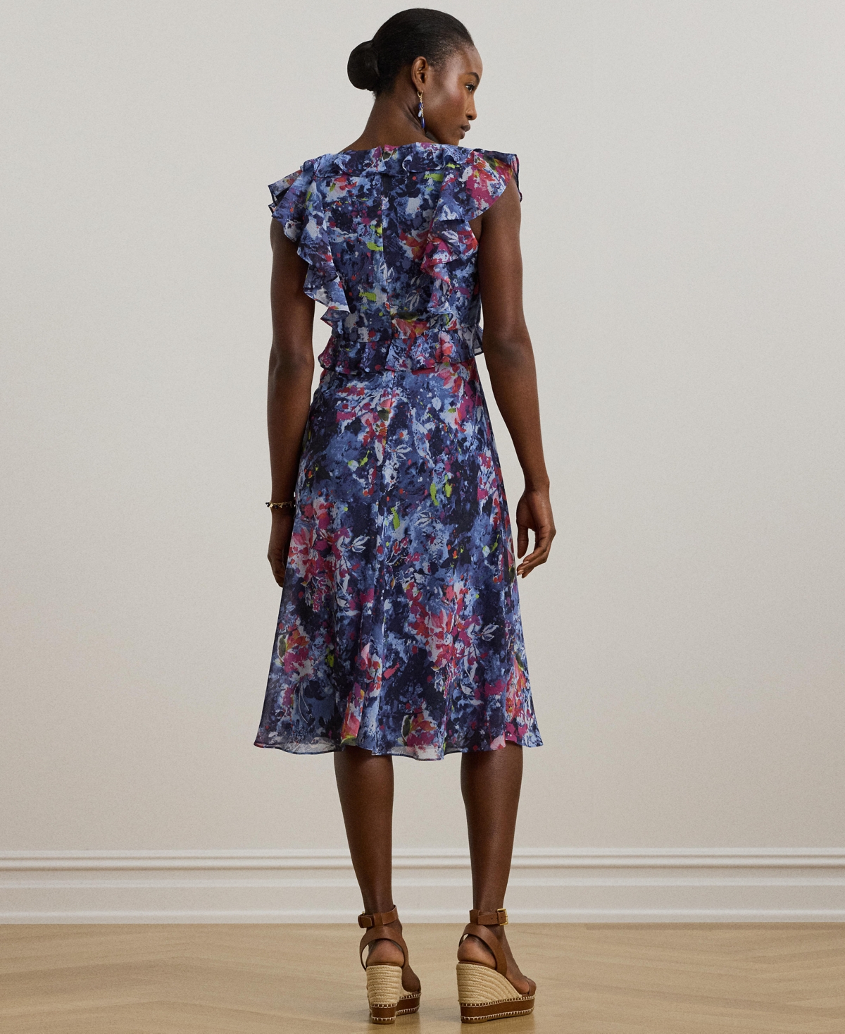 Ralph Lauren Petite Print Ruffle-trim Georgette Midi Dress In Blue