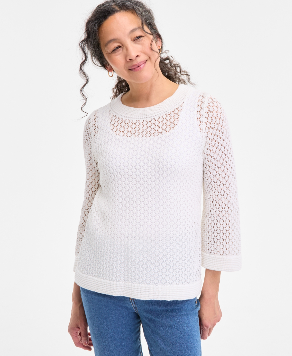 Shop Style & Co Women's Cotton Open-knit 3/4-sleeve Sweater, Exclusively At Macy's