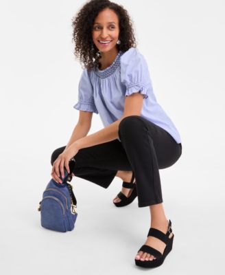 売れ筋商品|||スタイルアンドコー カットソー トップス レディース Women's Cotton Printed Contrast-Stitch Puff-Sleeve Top, Exclusively at Macy's Glories Bright White Style & Co Women's Cotton Contrast-Stitch Puff-Sleeve Top