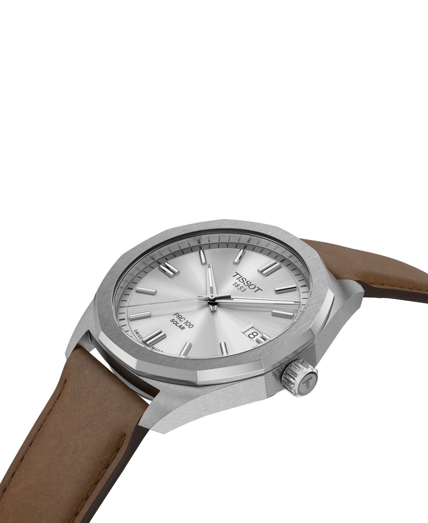 Мужские часы Tissot Swiss PRC 100 Solar Quartz Brown Leather Strap Watch 39mm — фото 4