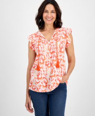 Style & Co - Petite Geo-Print Pintuck Ruffle-Sleeve Blouse
