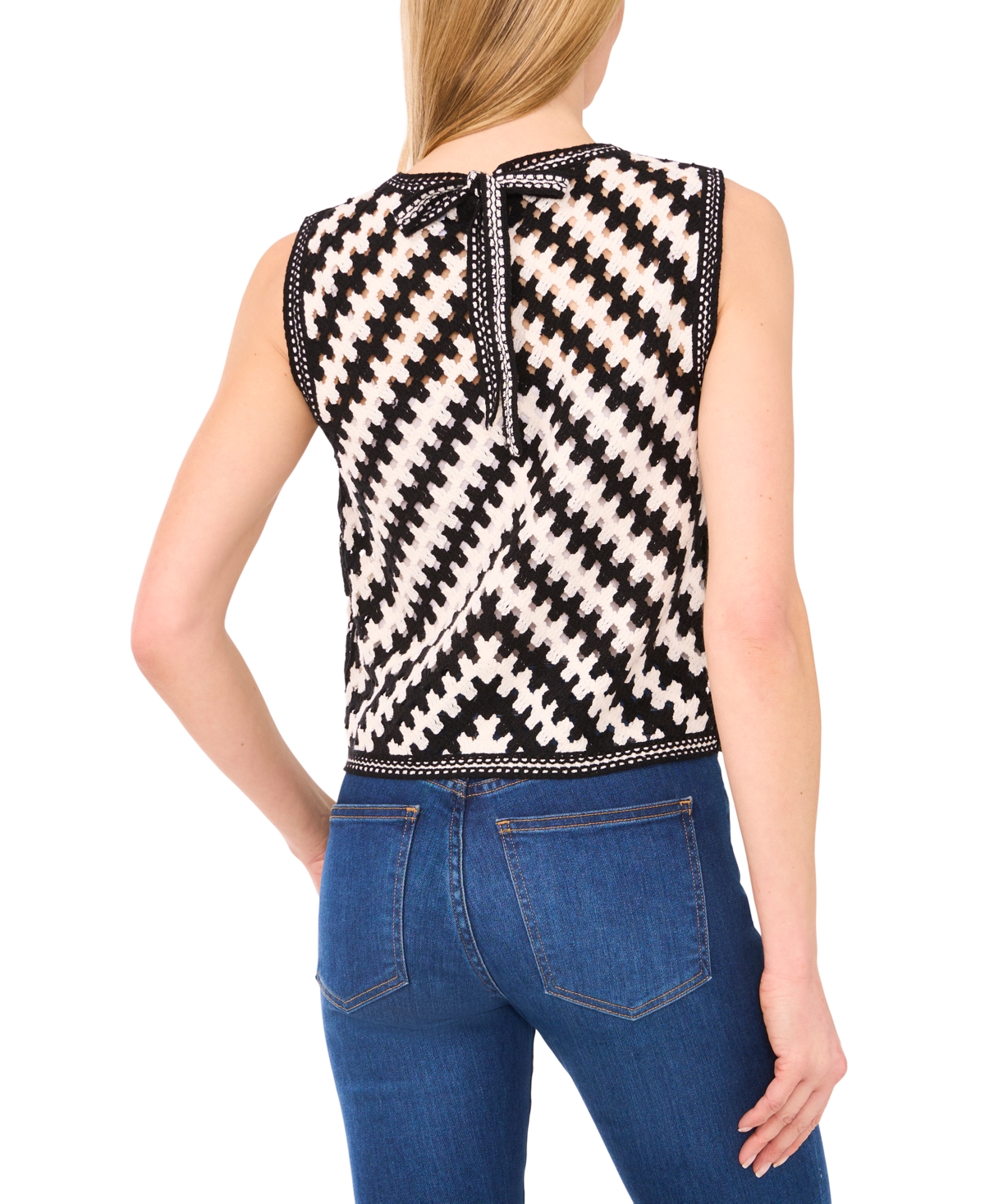Cece Chevront Stripe Cotton Blend Crochet Sweater Tank In Black