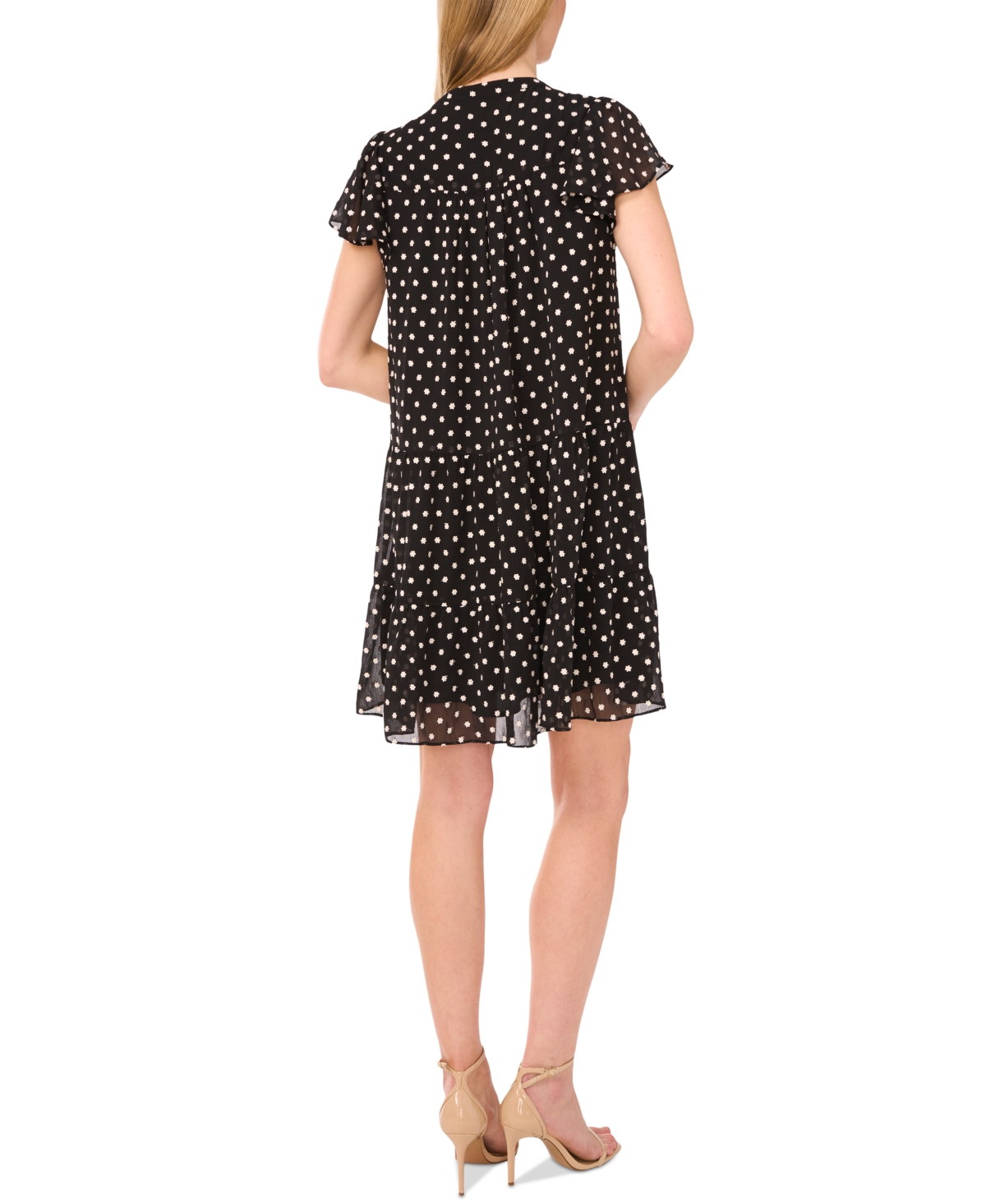 Cece Embroidered Floral Flutter Sleeve Tiered Minidress In Black