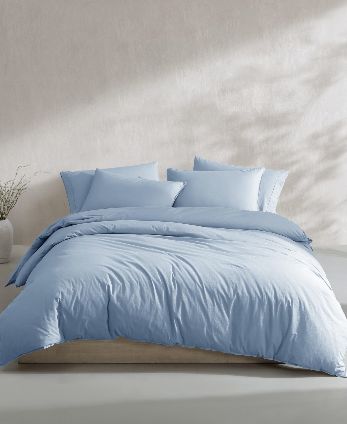 Calvin Klein Washed Percale Cotton Solid 3 Piece Duvet Cover Set, Queen In Chambray Blue