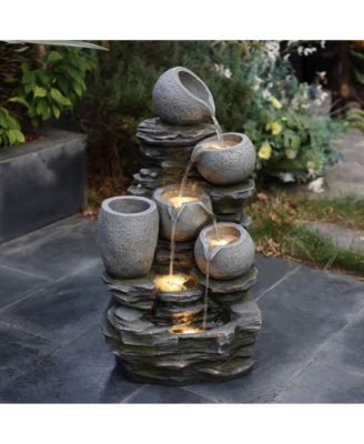 3-Tier Gray Pots on Stacked Rocks 2.5-Feet Tall Outdoor Polyresin Fountain with Lights and Gray Side Planter