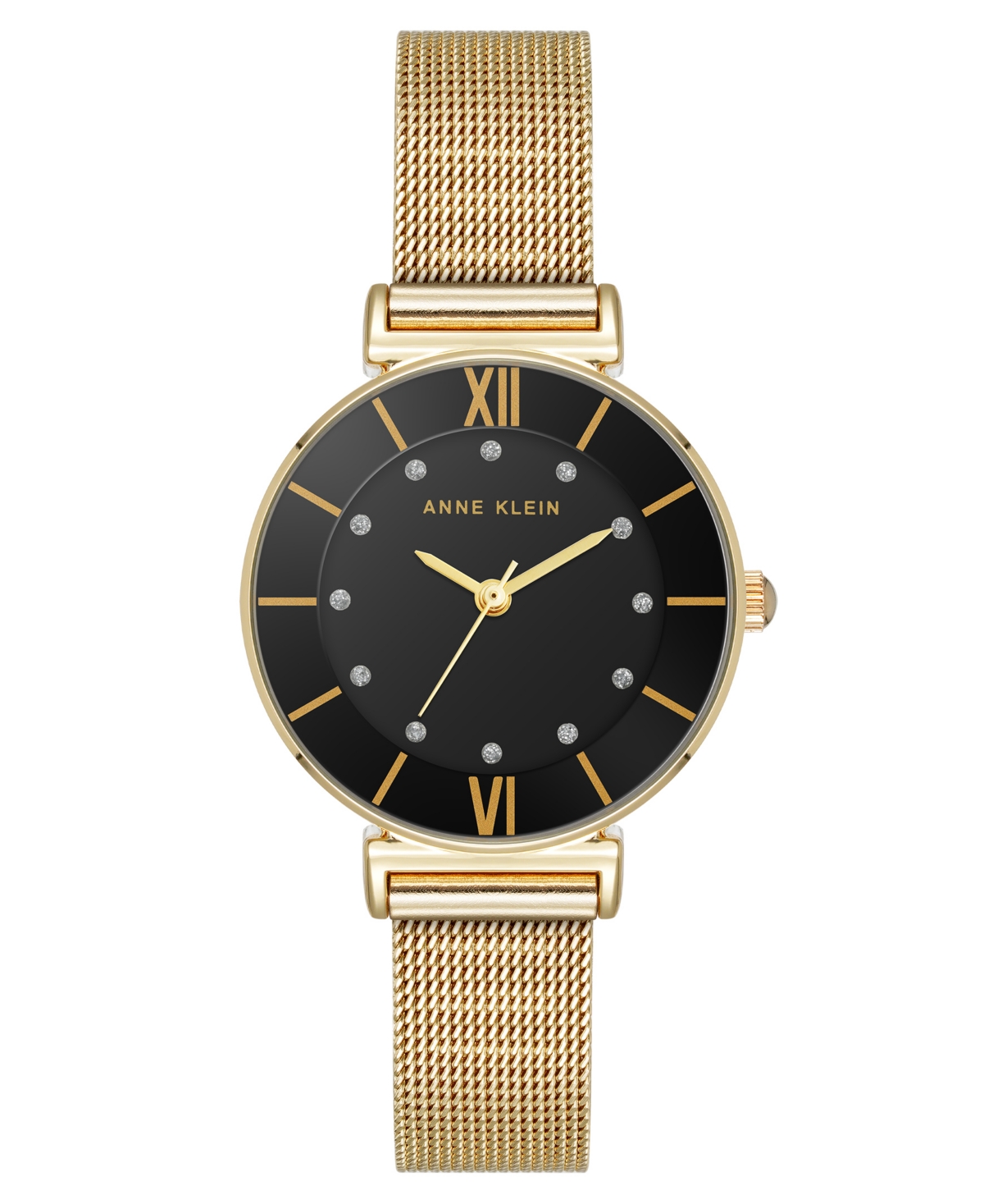 Anne Klein Women's Premium Round Gold-tone Stainless Steel Mesh And Black Dial Watch, 29mm In Black,gold-tone