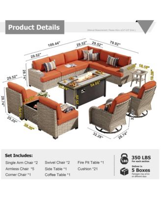 13 Piece Outdoor Patio Furniture Sets with Fire Pit Table,All Weather Wicker Sectional Sofa with Extra Deep Patio Swivel Chairs and Solar Powered Coffee Table for Porch,Garden,Backyard