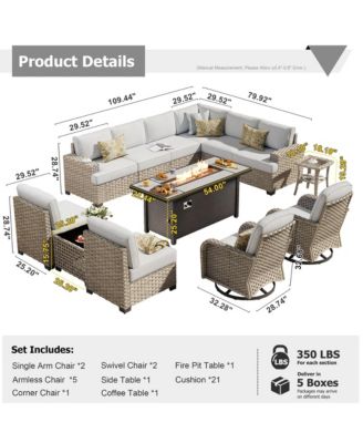 13 Piece Outdoor Patio Furniture Sets with Fire Pit Table,All Weather Wicker Sectional Sofa with Extra Deep Patio Swivel Chairs and Solar Powered Coffee Table for Porch,Garden,Backyard