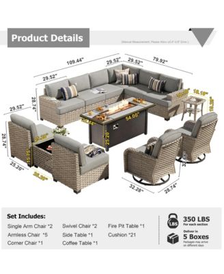 13 Piece Outdoor Patio Furniture Sets with Fire Pit Table,All Weather Wicker Sectional Sofa with Extra Deep Patio Swivel Chairs and Solar Powered Coffee Table for Porch,Garden,Backyard