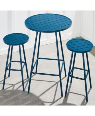 3-Piece Steel Patio Bar Height Round Bistro Set w/ Backless Stools, Slatted Design