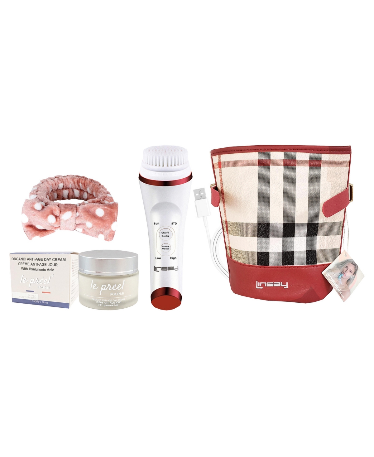 Linsay UltraSonic Facial and Body cleansing Brush with Temperature control Bundle with le preel Paris Day Time Cream, Usb Cable, Headband and Bag - Wh