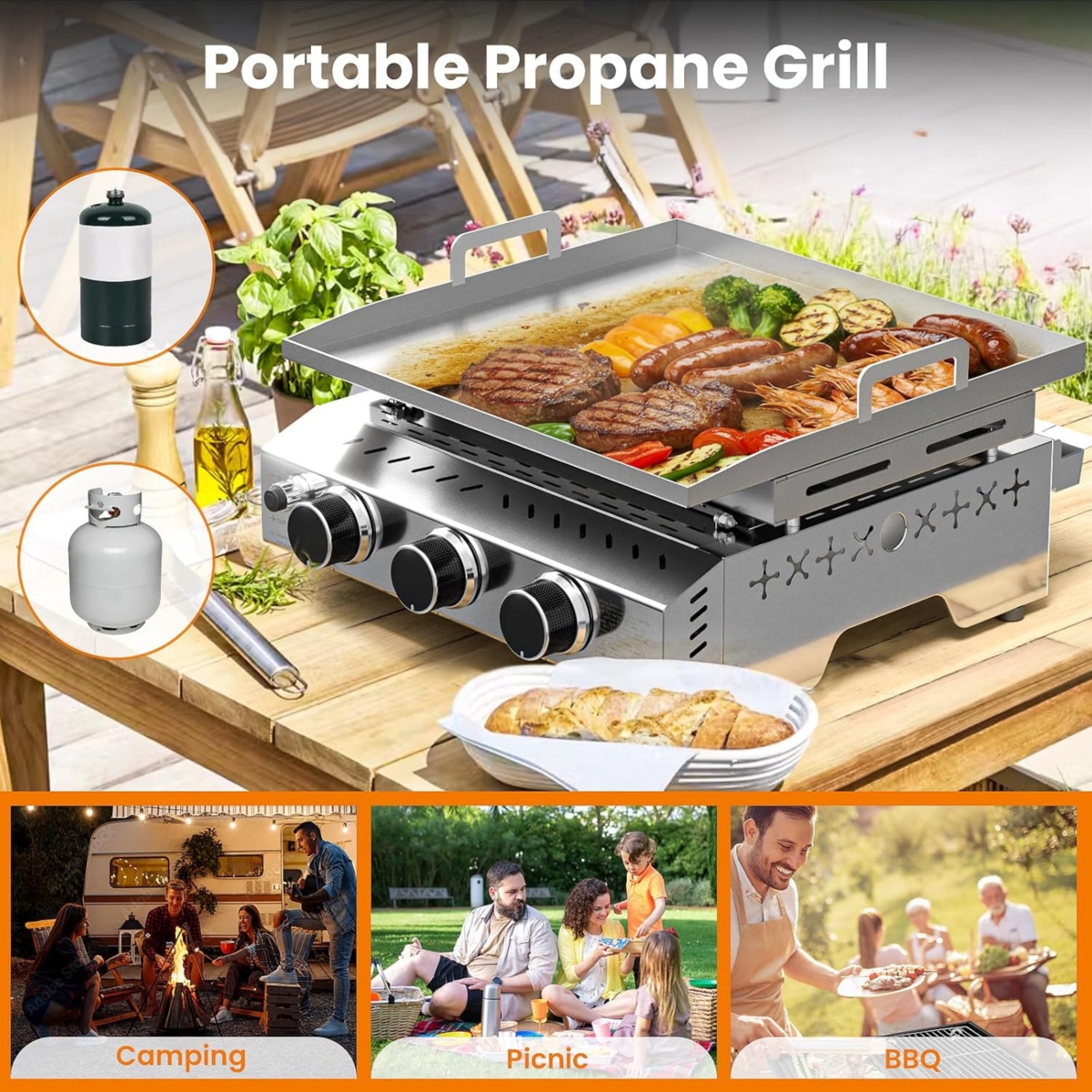 Cowsar Portable 26 Inch Tabletop Griddle with Grill Grate, Stainless Steel Propane Gas Grill with 3 Burners,24000 Btu, for Outdoor Camping/Rv/Picnic/B