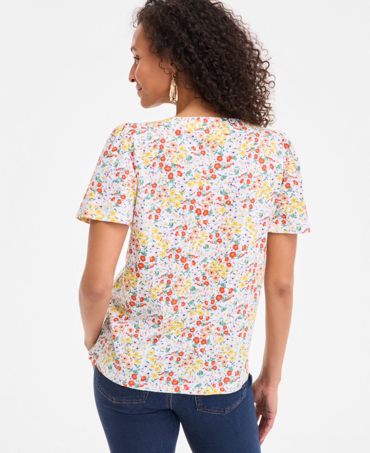 Style & Co Style& Co Women's Printed Square-neck Flutter-sleeve Top, Exclusively At Macy's In White
