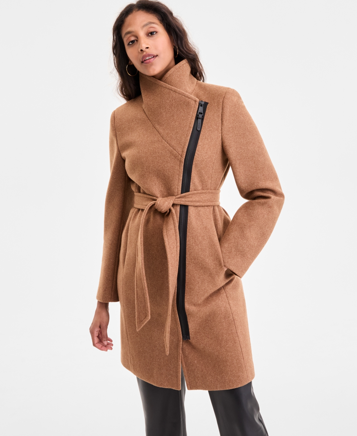 Dkny Women's Asymmetric Front-zip Belted Coat, Exclusively At Macy's In Brown