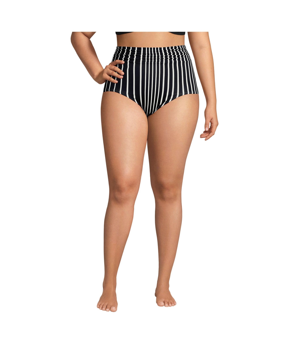 Women's Ruched High Waisted Full Coverage Bikini Bottoms - Black/egret variegated stripe