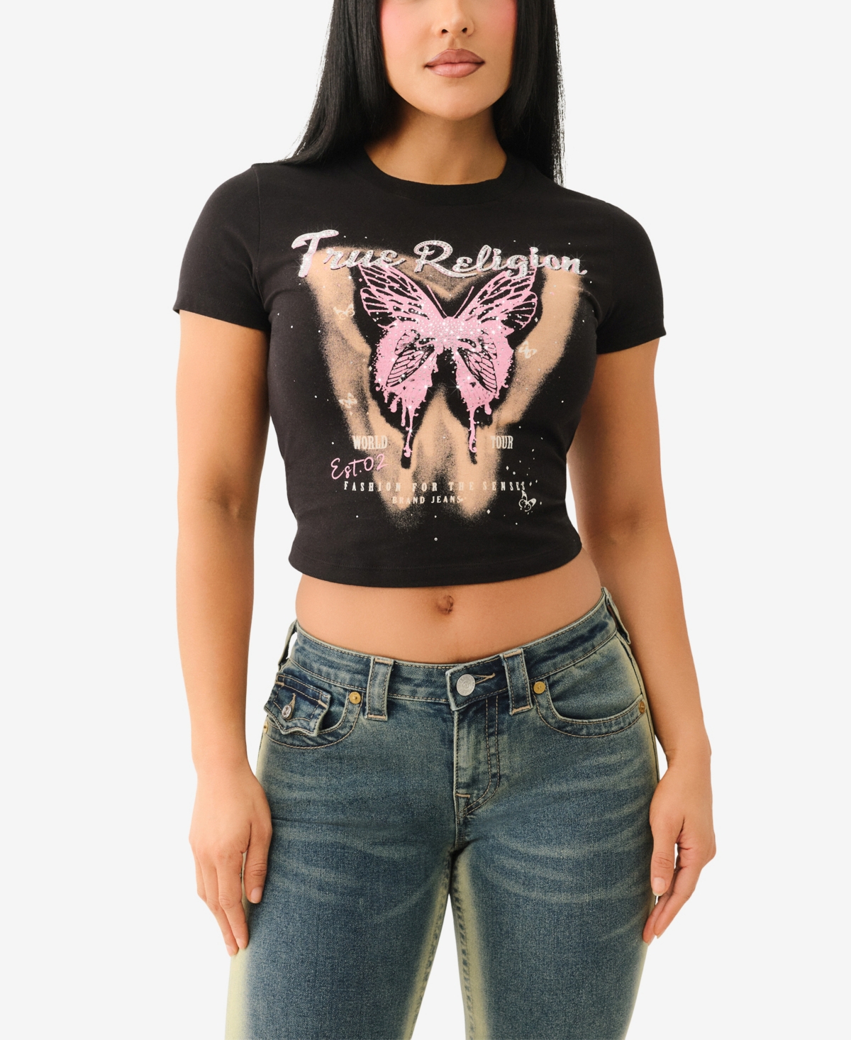 TRUE RELIGION WOMEN'S SHORT SLEEVE CRYSTAL BUTTERFLY BABY T-SHIRT 