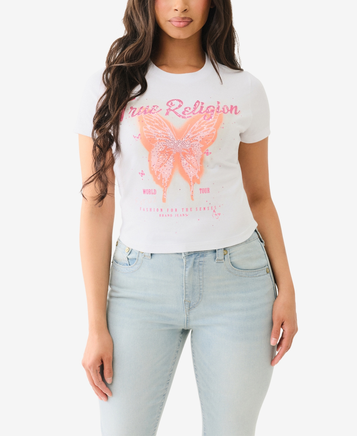 TRUE RELIGION WOMEN'S SHORT SLEEVE CRYSTAL BUTTERFLY BABY T-SHIRT 