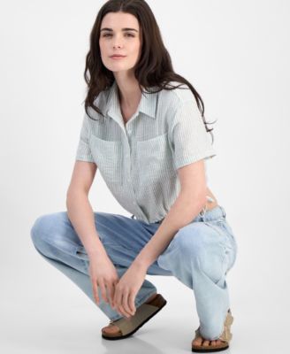 Juniors' Cropped Stripe Side-Tie Blouse