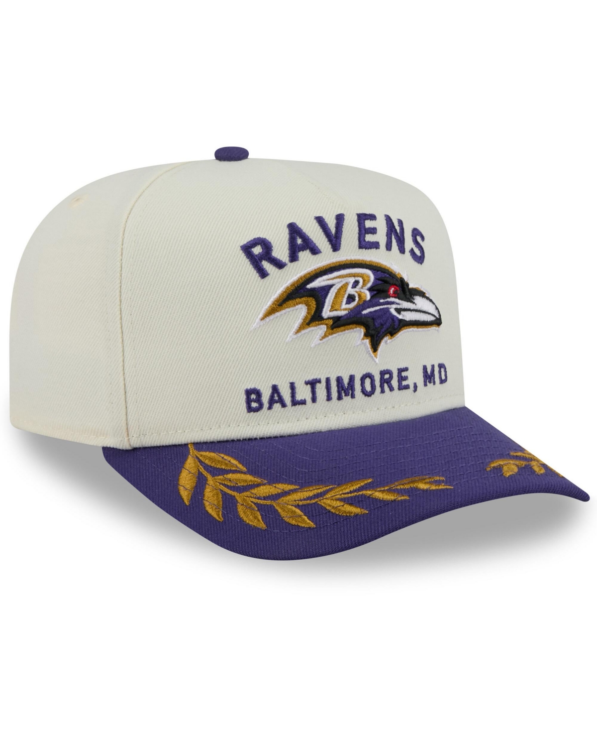 NEW ERA MEN'S CREAM/PURPLE BALTIMORE RAVENS 2025 NFL DRAFT A-FRAME 9FIFTY SNAPBACK HAT 