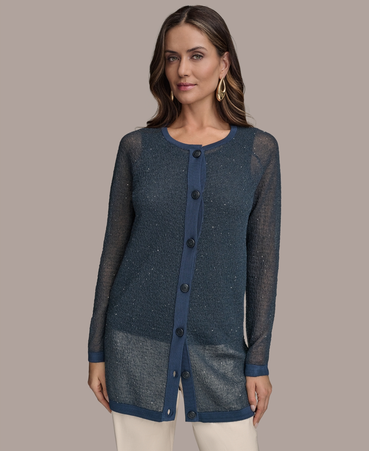 Shop Donna Karan Women's Sequin Embellished Long Cardigan