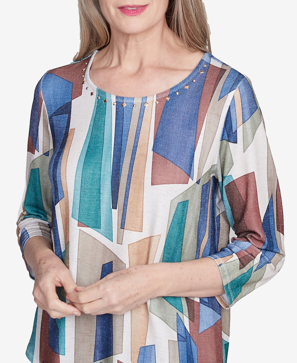Alfred Dunner Plus Size Summer Solstice Abstract Stained Glass Crew Neck Top In Navy Multi